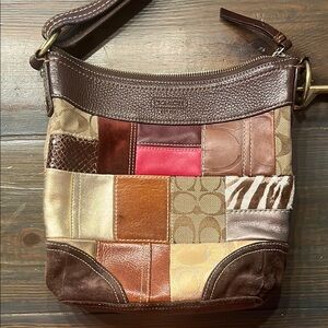 Coach Brown and Red Patchwork Shoulder Bag
